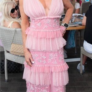 LoveShackFancy Pink Tiered Floral Maxi Dress. Beautiful pink with crystal beads